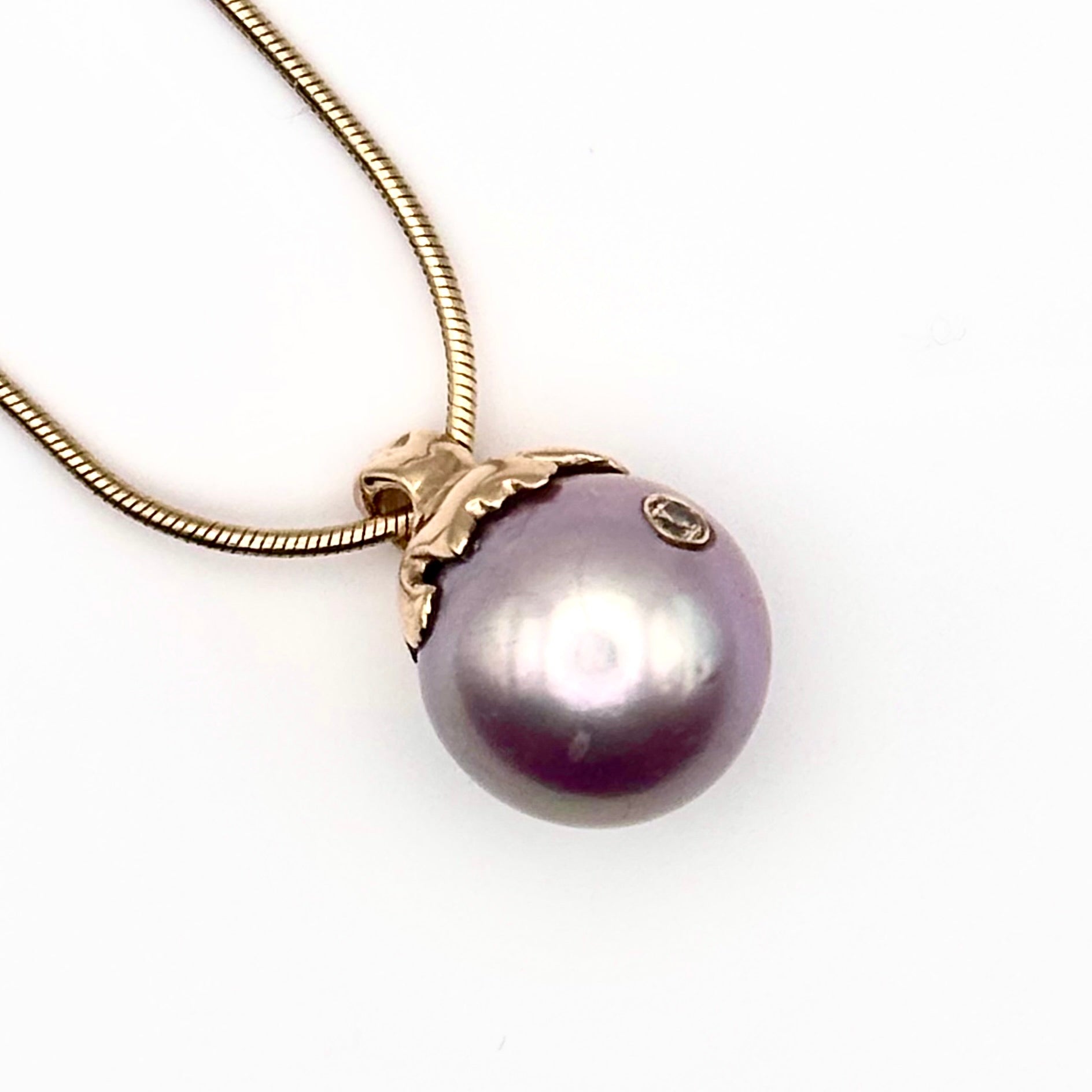 Additional view of Edison Pearl Gold Pendant with Diamond Accent — Luminous extra-large Edison pearl measure 13 mm, wrapped
