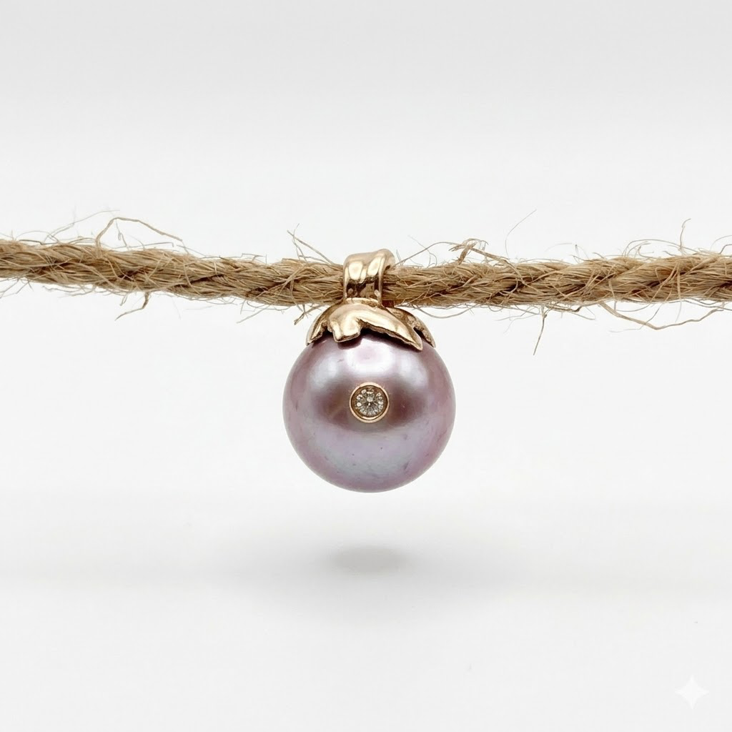 Another view of Edison Pearl Gold Pendant with Diamond Accent — Luminous extra-large Edison pearl measure 13 mm, wrapped in