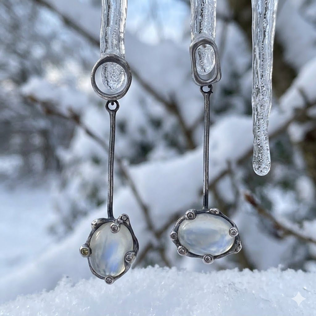 Moonstone & Brown Diamond Dangle Silver Earrings