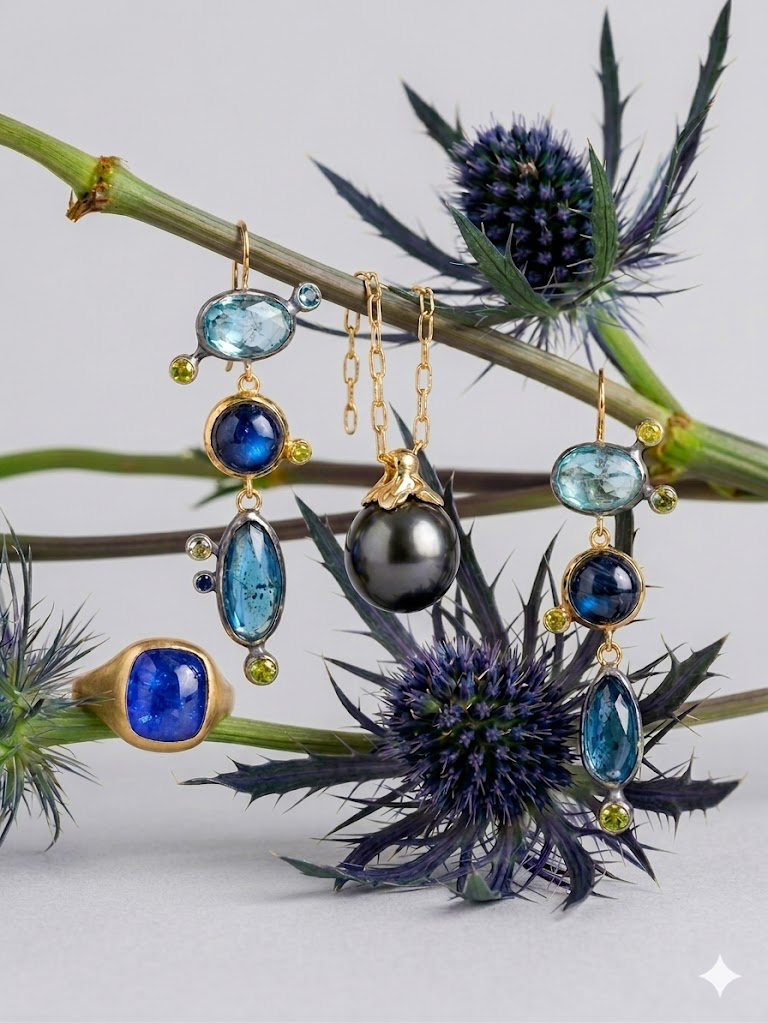 Mismatched Asymmetric Dangle Earrings with Kyanites, Labradorites and Sapphires