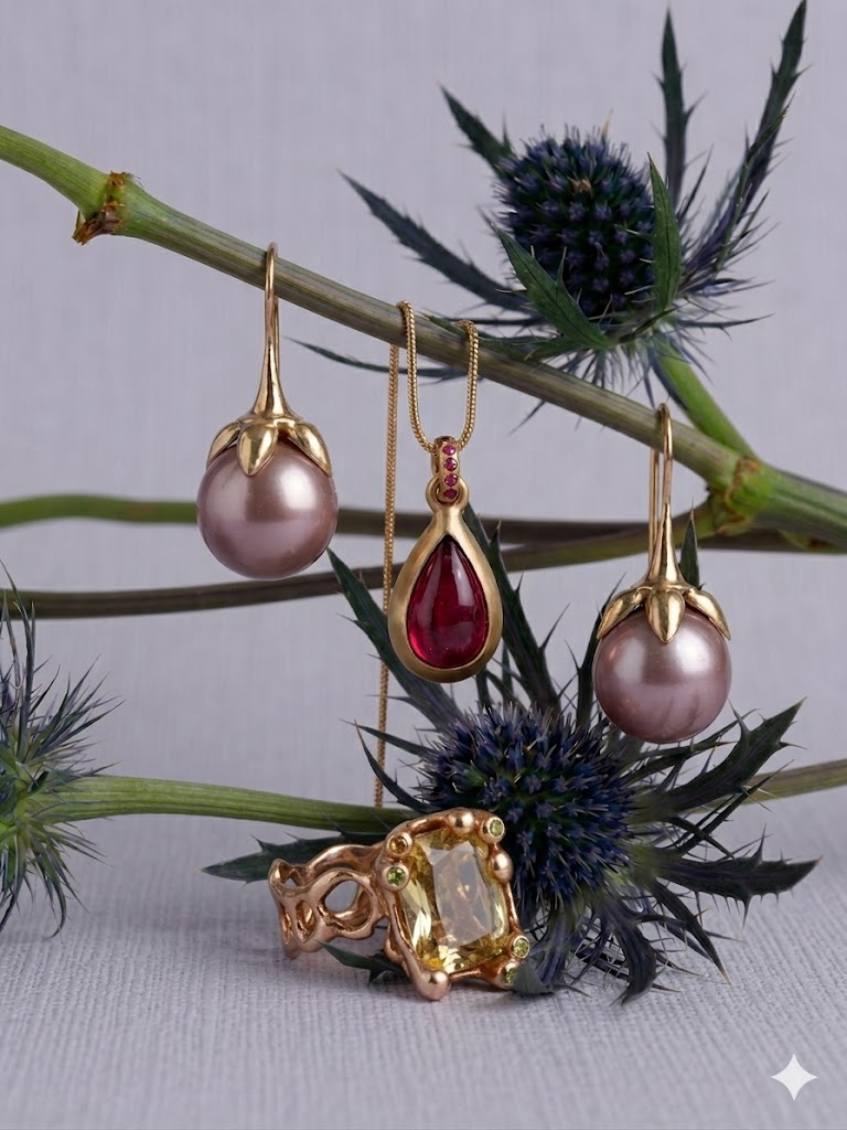Alternate view of Teardrop Raspberry Tourmaline Pendant in Gold — A luscious deep raspberry teardrop Tourmaline cabochon is set in a solid 14K, with accent round bail covered with pink sapphires