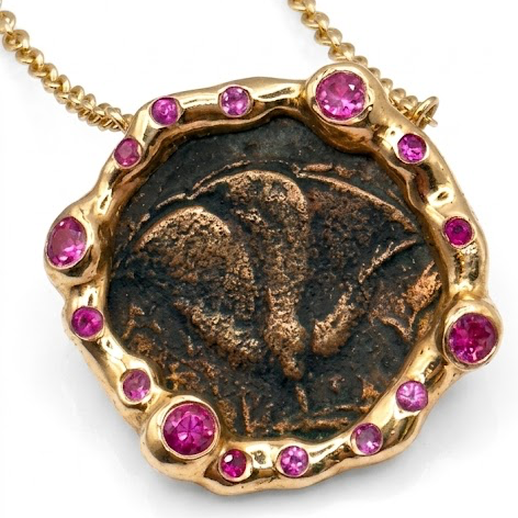 Additional view of Greek "Rose" Coin Gold Necklace with Pink Sapphires — An authentic Greek "Rose" bronze coin from the Isle