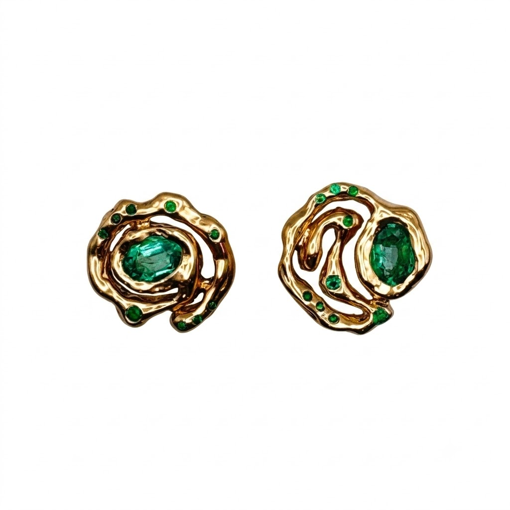 Golden Swirls Emerald Stud Earrings