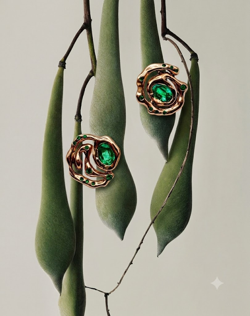 Golden Swirls Emerald Stud Earrings