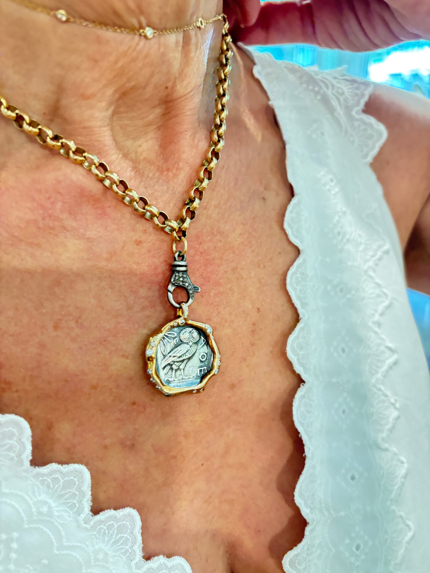Silver Owl Coin Pendant in Bronze with Diamonds