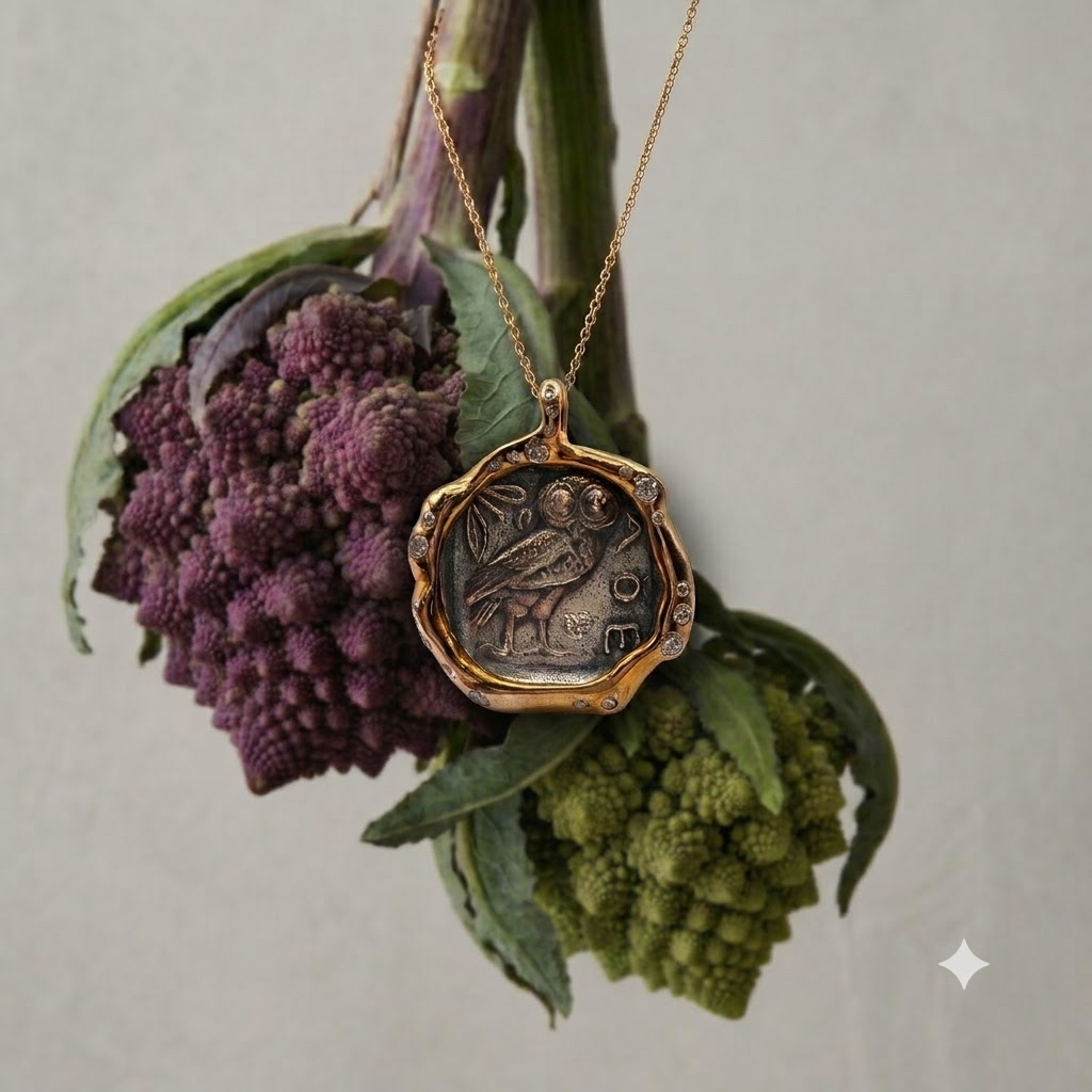 Silver Owl Coin Pendant in Bronze with Diamonds