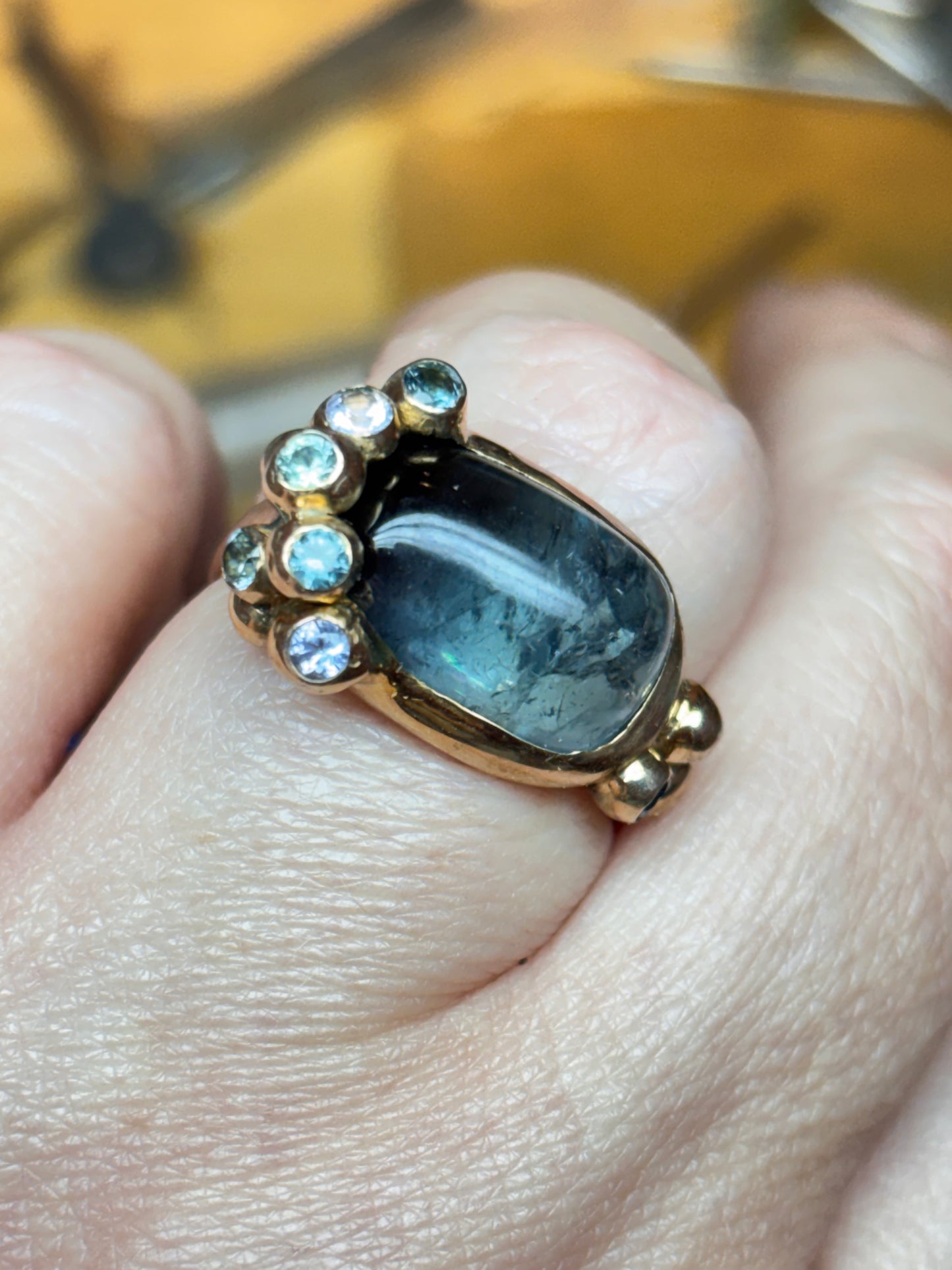 Blue Tourmaline and Sapphire Ring in Bronze
