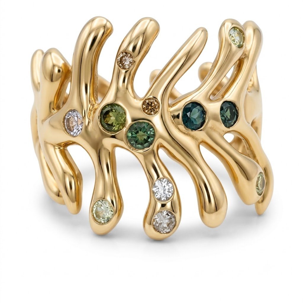 Bronze "Molten" Ring with Montana and Mixed-color Sapphires — Hand carved and solid cast, the "molten" bronze ring is fearuring and array of teal Montana and other sapphires