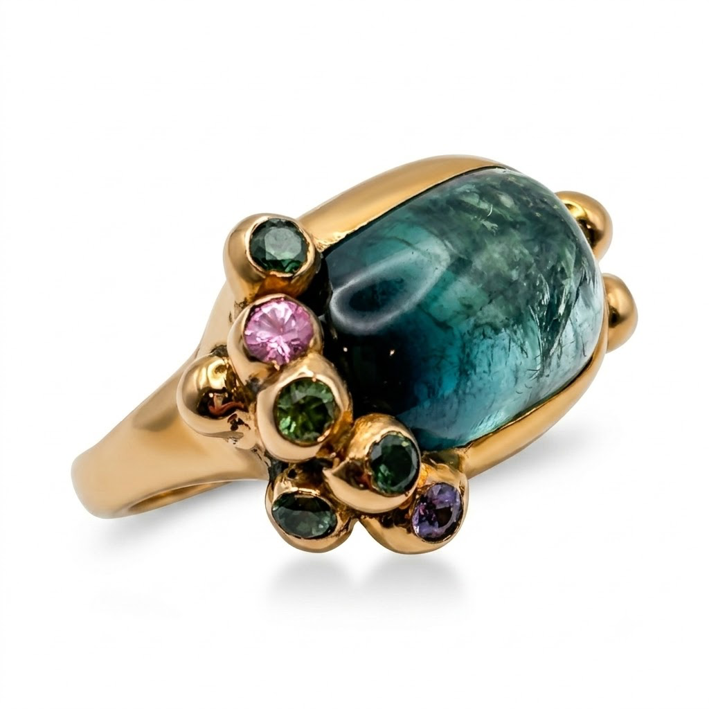 Blue Tourmaline and Sapphire Ring in Bronze