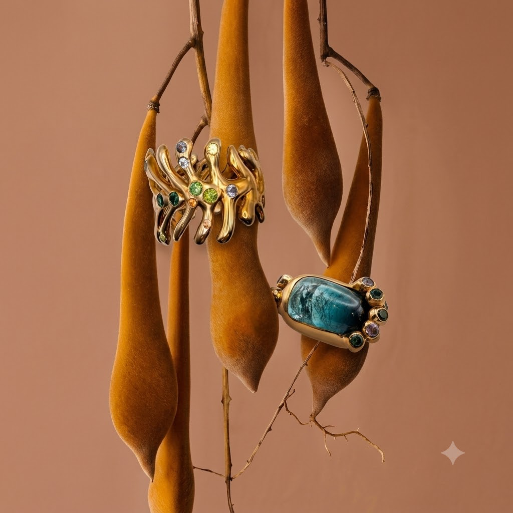 Bronze "Molten" Ring with Montana and Mixed-color Sapphires