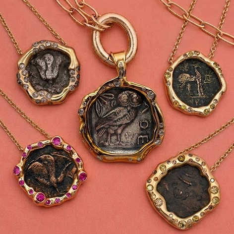 Alternate view of Greek "Rose" Coin Gold Necklace with Salt and Pepper Diamonds — Authentic Greek silver "Rose" coin from the