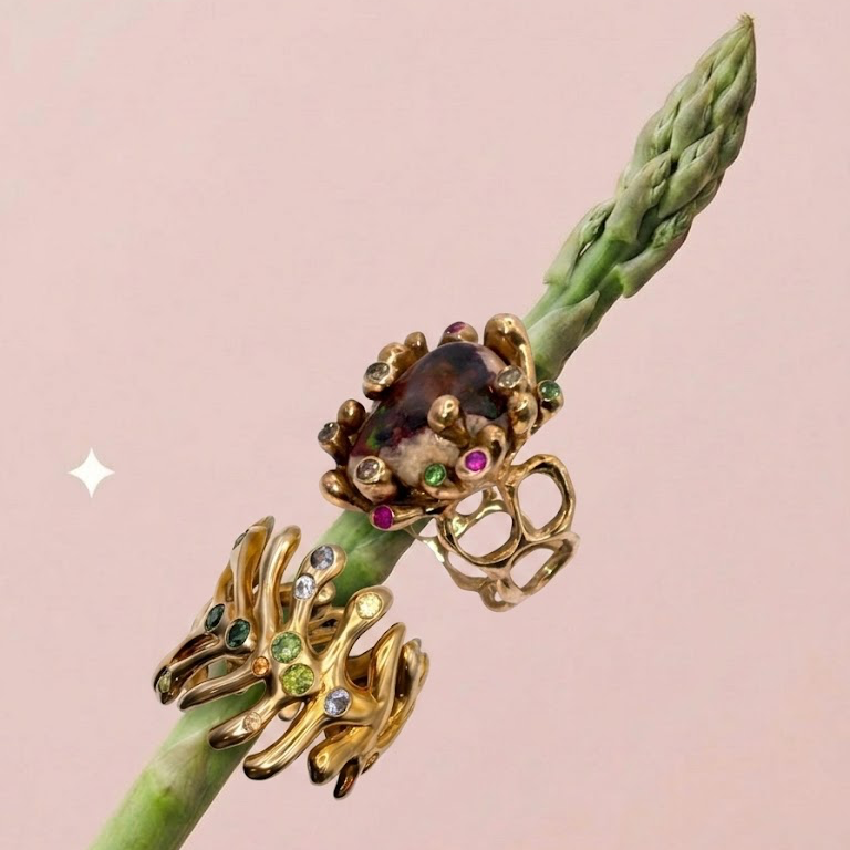 Additional view of Mexican Galaxy Opal and Mixed Stones Bronze Ring — A vibrant Mexican Galaxy opal is set in solid cast
