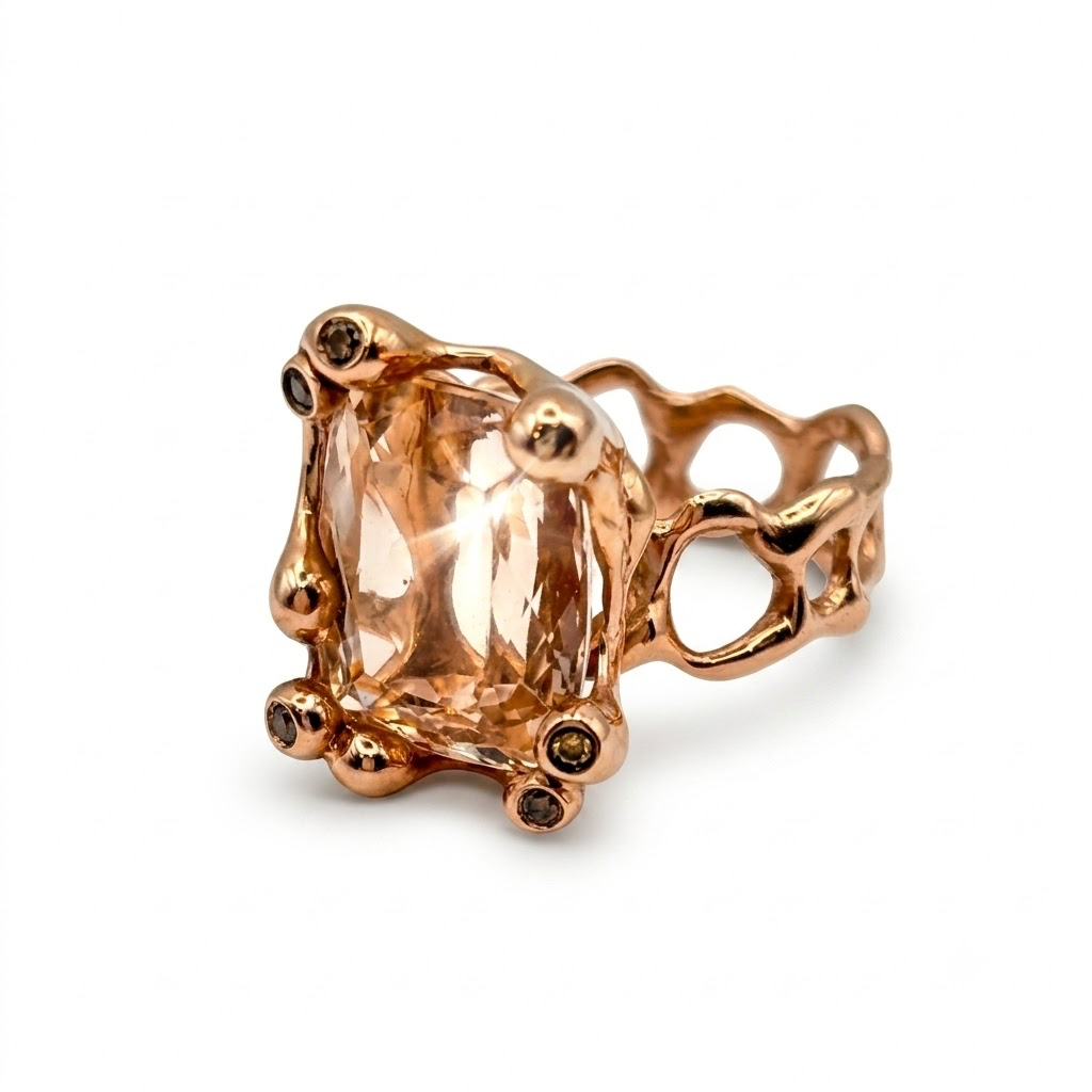 Additional view of Morganite and Brown Diamonds Rose Gold Cast Ring — Elongated Morganite cushion is set in solid cast 14K rose gold setting with accent brown and cognac diamonds