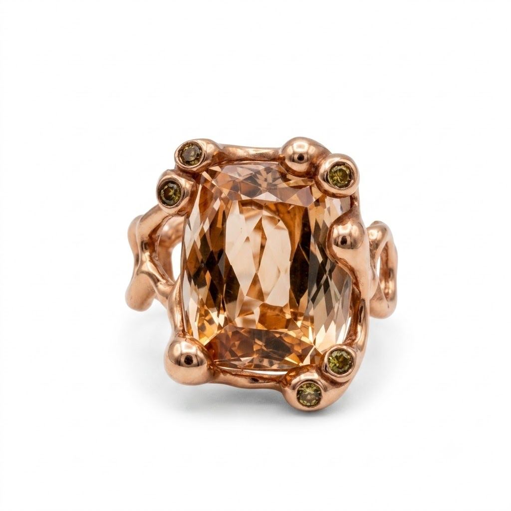Alternate view of Morganite and Brown Diamonds Rose Gold Cast Ring — Elongated Morganite cushion is set in solid cast 14K rose gold setting with accent brown and cognac diamonds