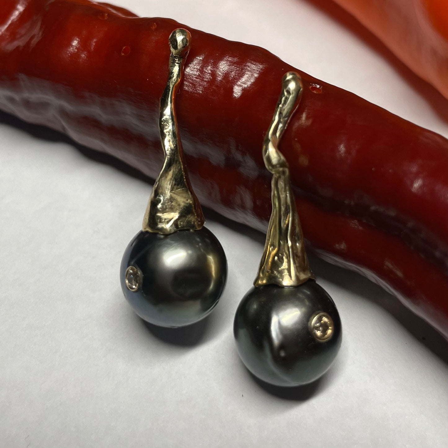 Alternate view of Tahitian Pearl Crumpled Earrings with Diamond Accents — Large 9 mm Tahitian pearls are set in hand-modeled