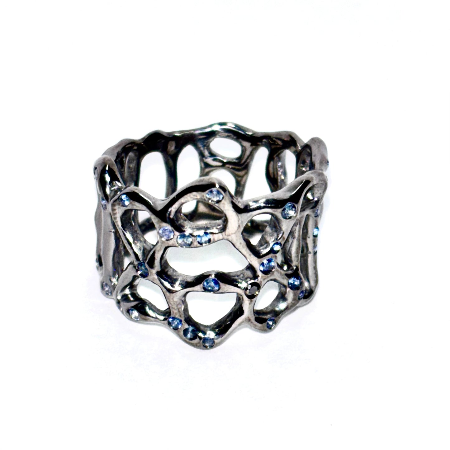 Silver Magen David Ring with Blue Sapphires