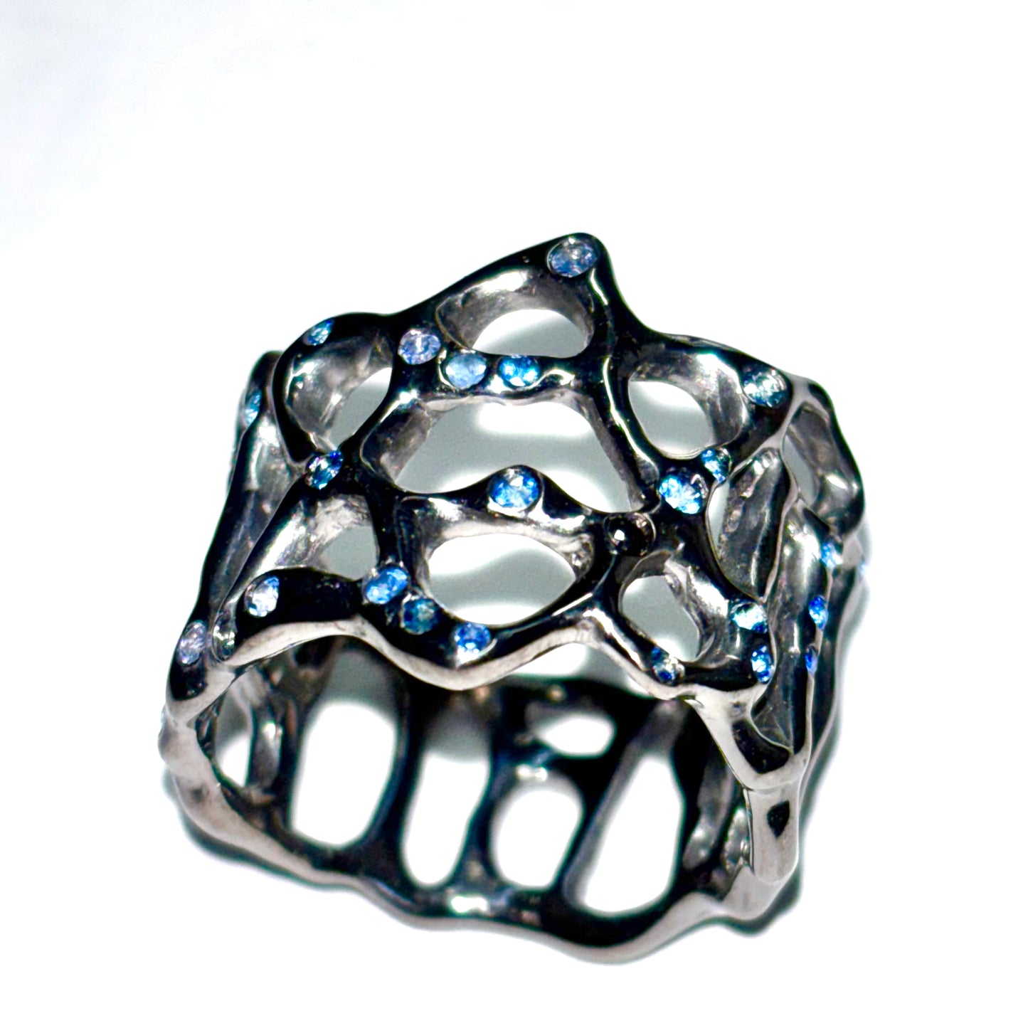 Silver Magen David Ring with Blue Sapphires