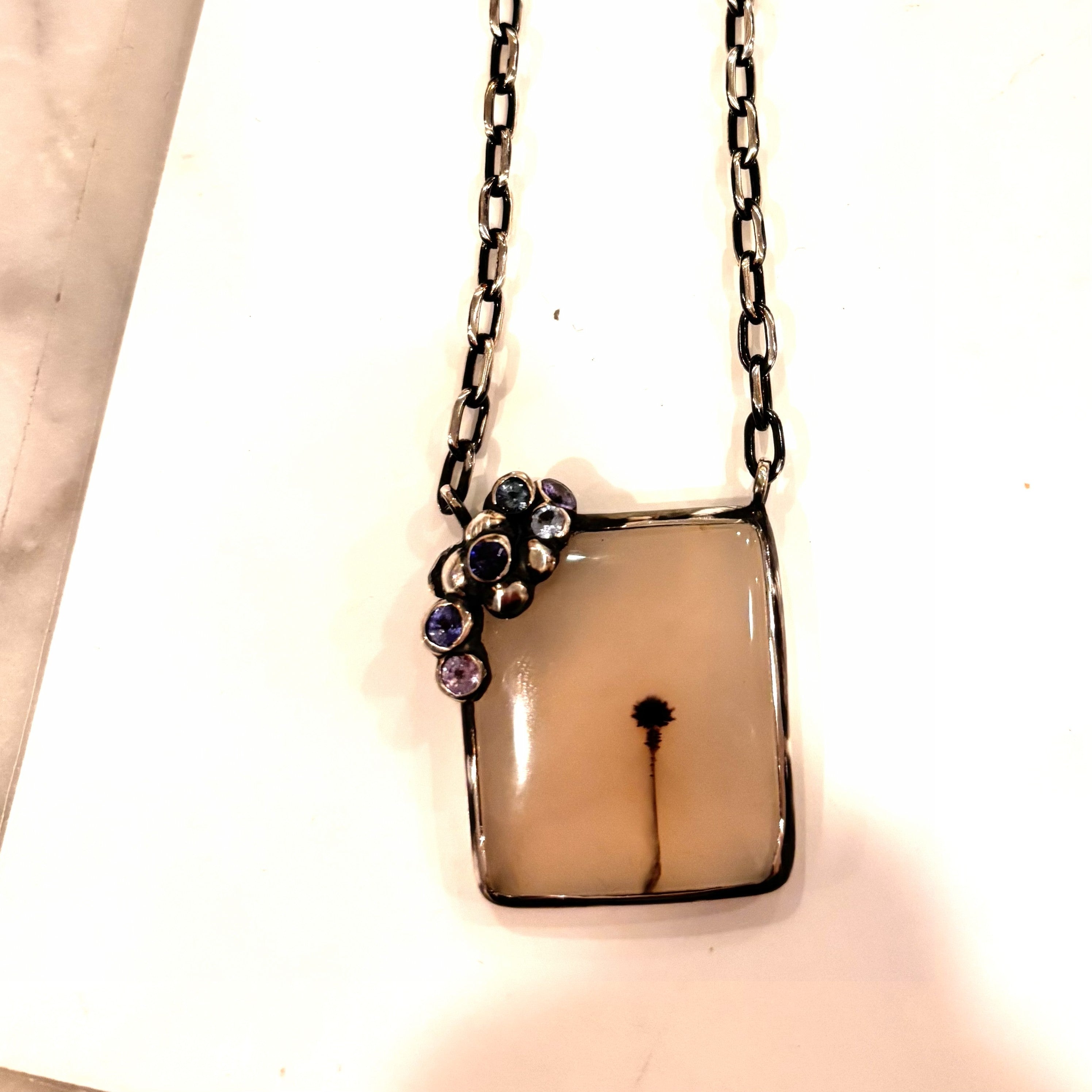 Dendric Agate & Sapphire Silver Pendant
