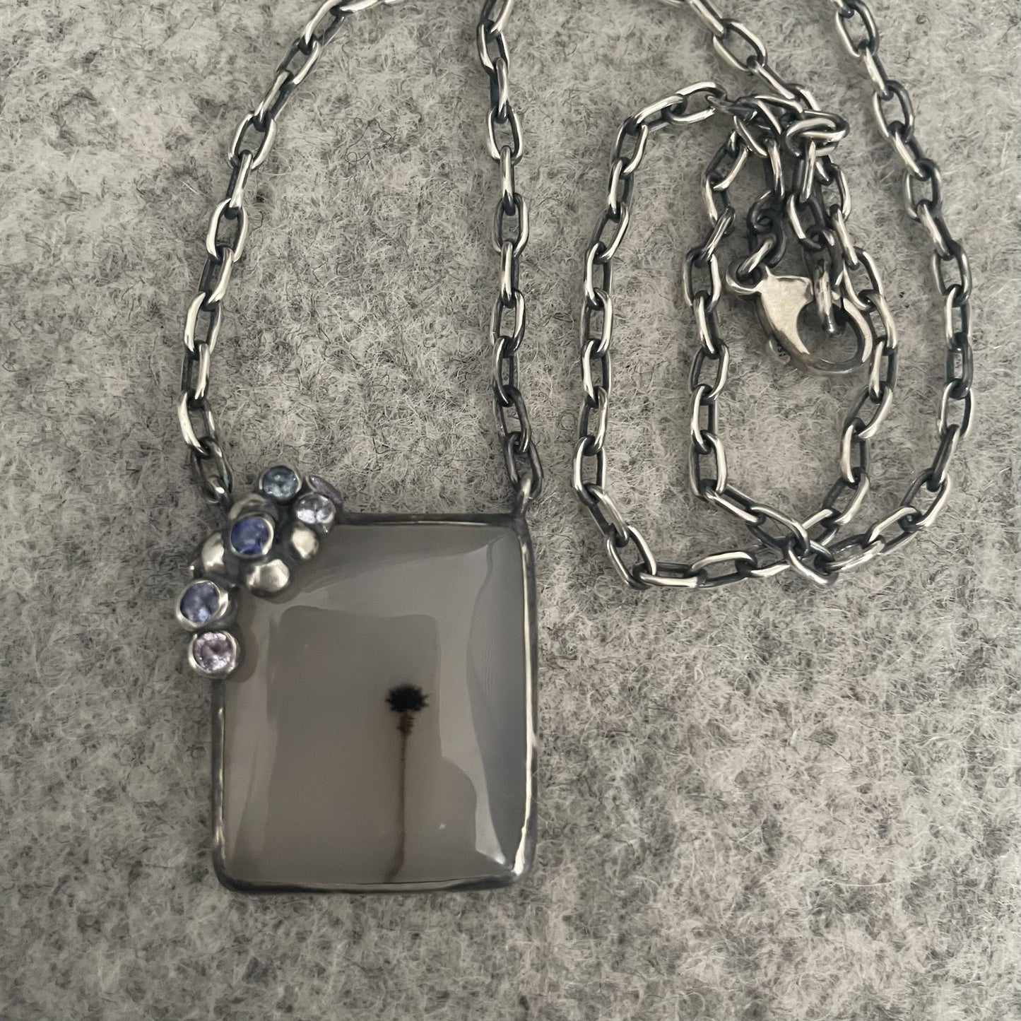 Dendric Agate & Sapphire Silver Pendant