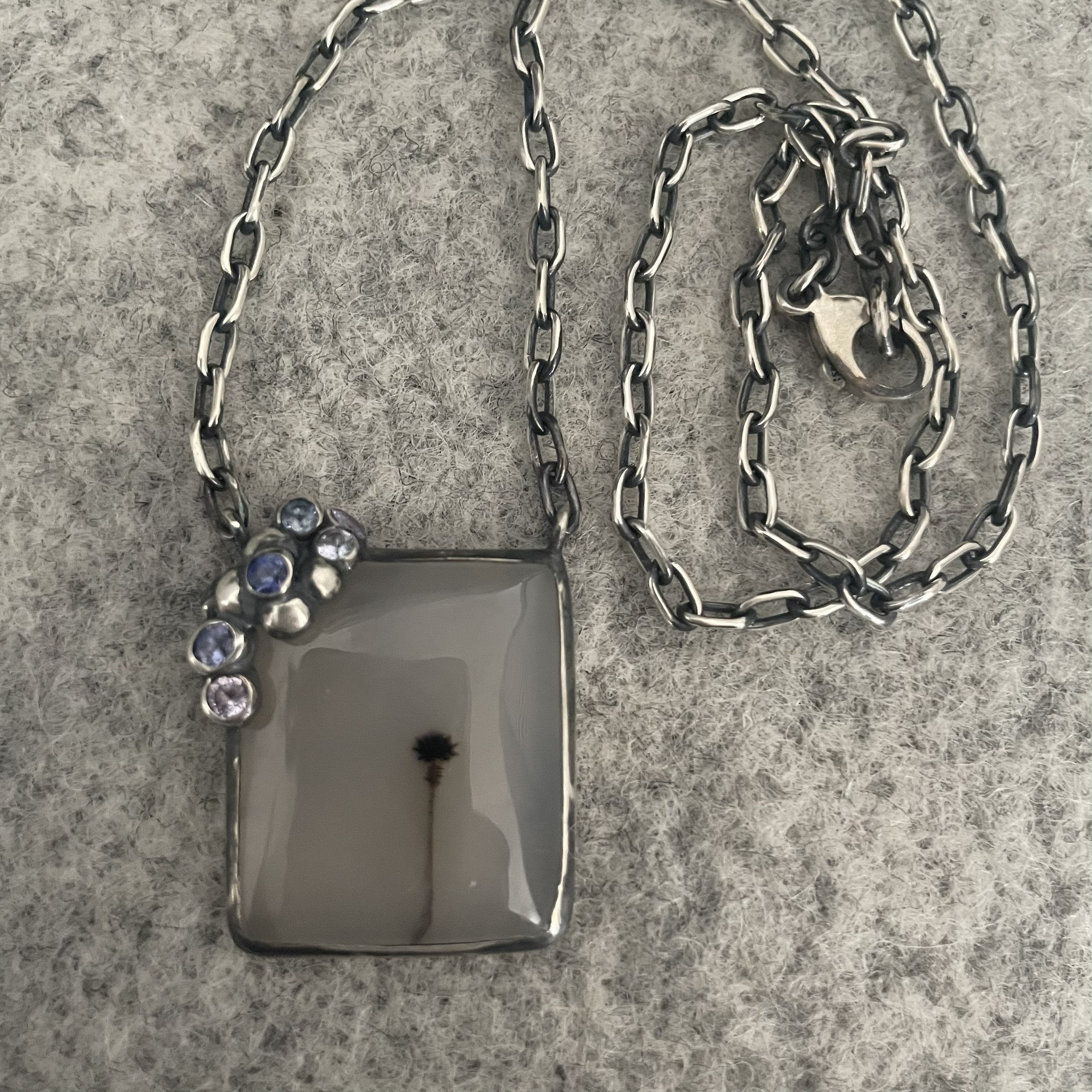 Dendric Agate & Sapphire Silver Pendant