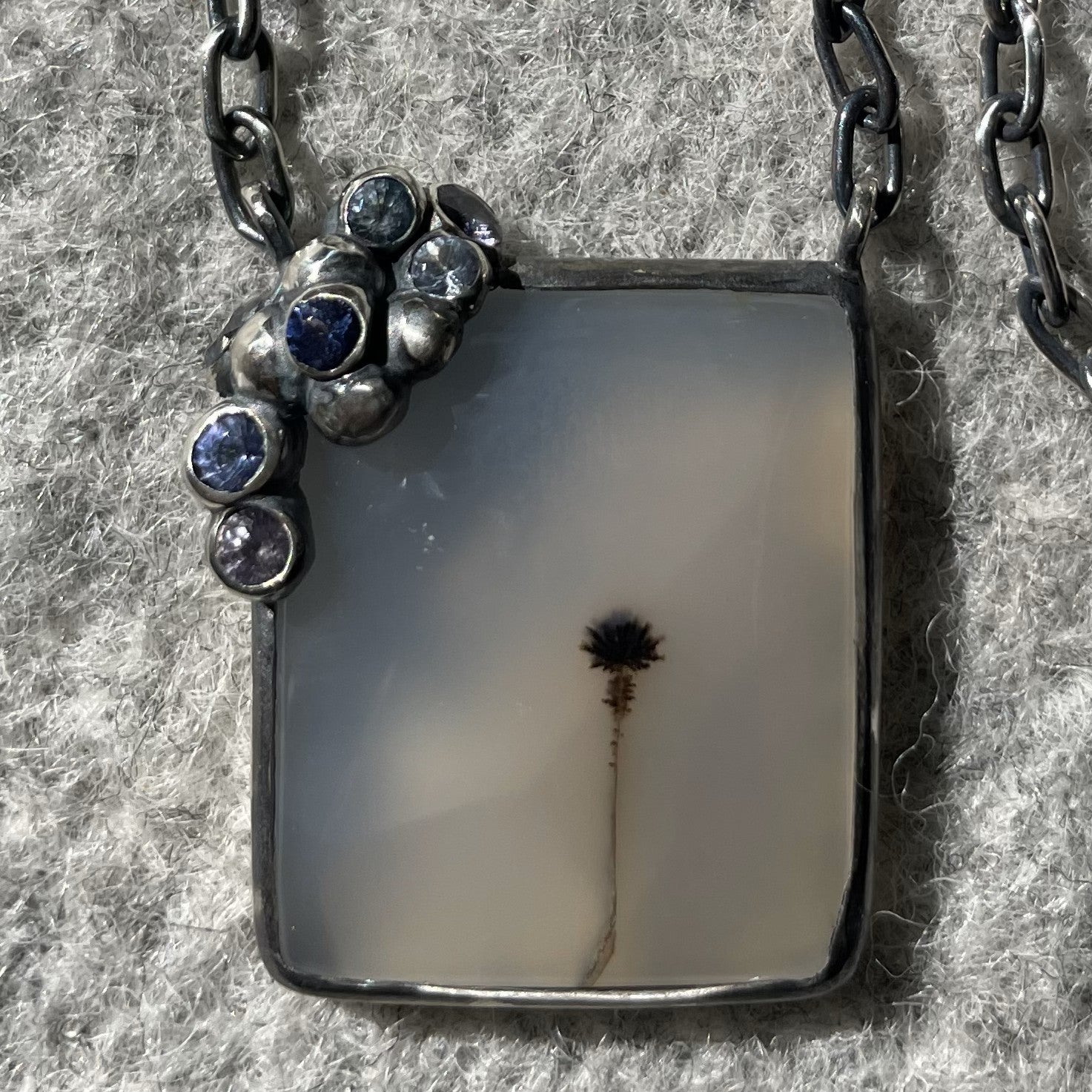 Dendric Agate & Sapphire Silver Pendant