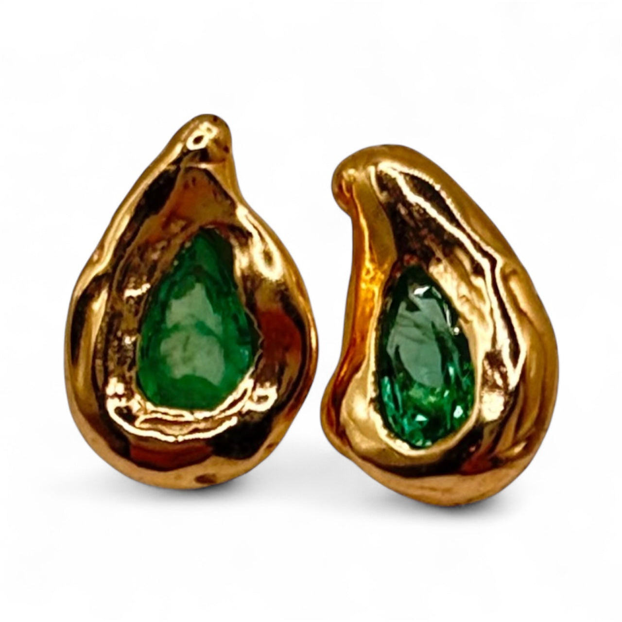 Emerald Teardrop Gold Studs