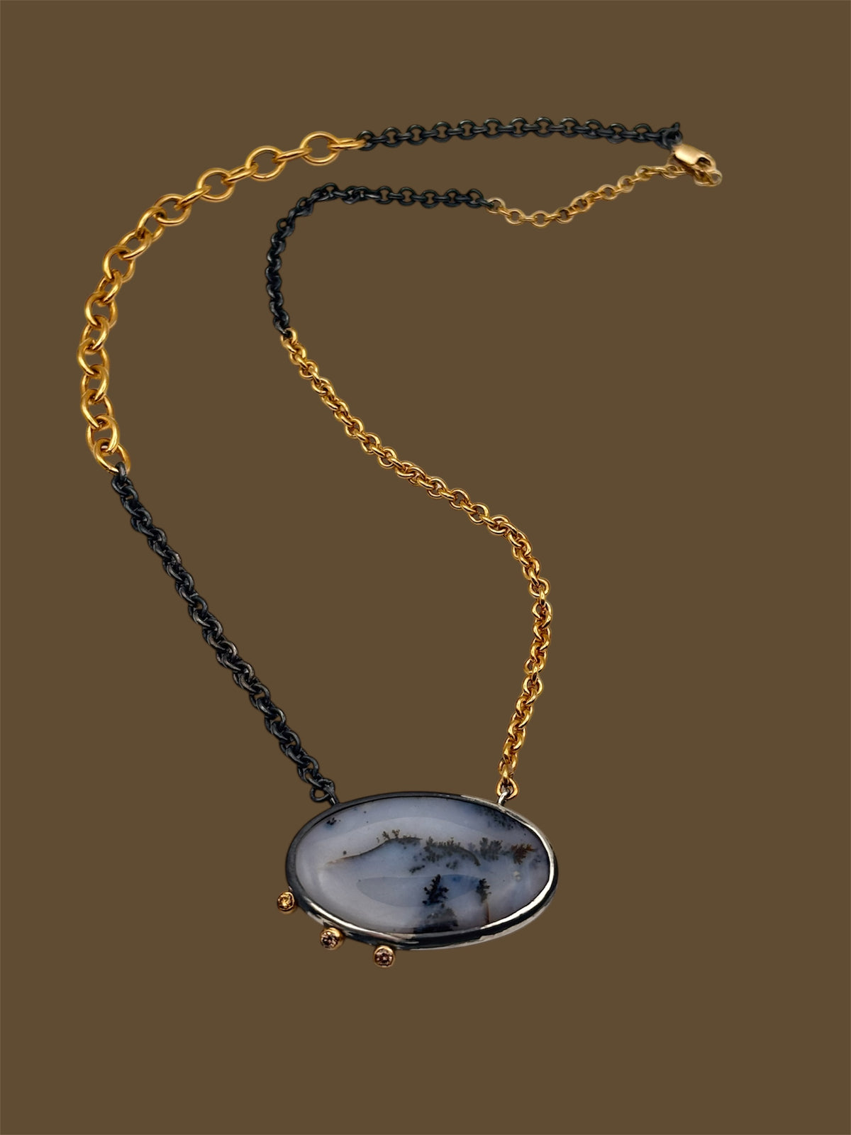 Alternate view 6 of Dendric Agate Mixed Metal Necklace with Brown Diamond Accents — One-of-a-kind oval shaped Dendric Agate