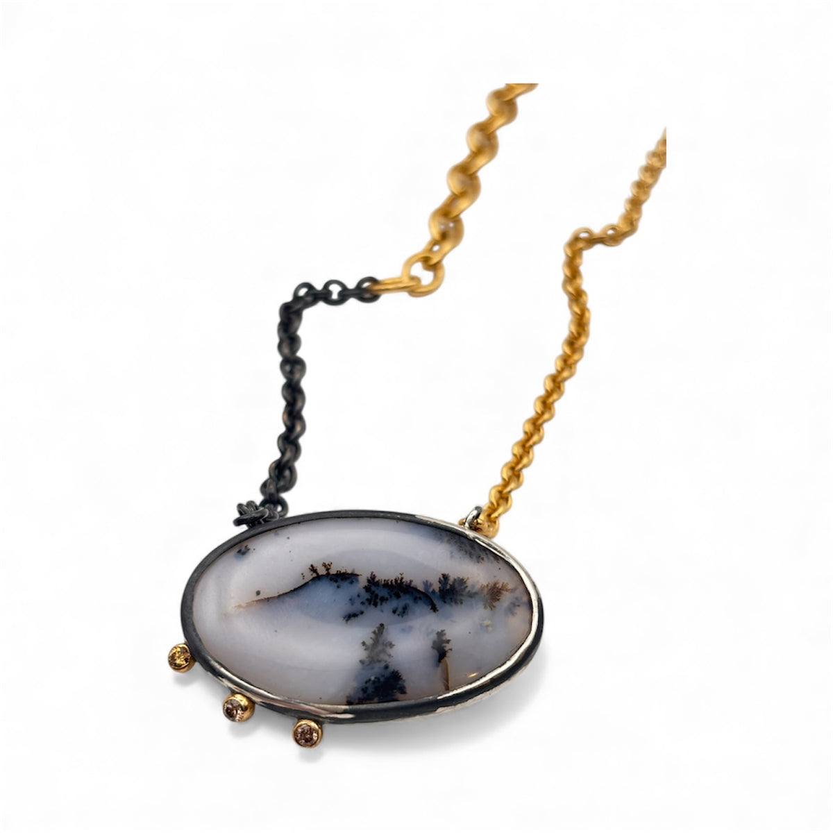 Additional view of Dendric Agate Mixed Metal Necklace with Brown Diamond Accents — One-of-a-kind oval shaped Dendric Agate
