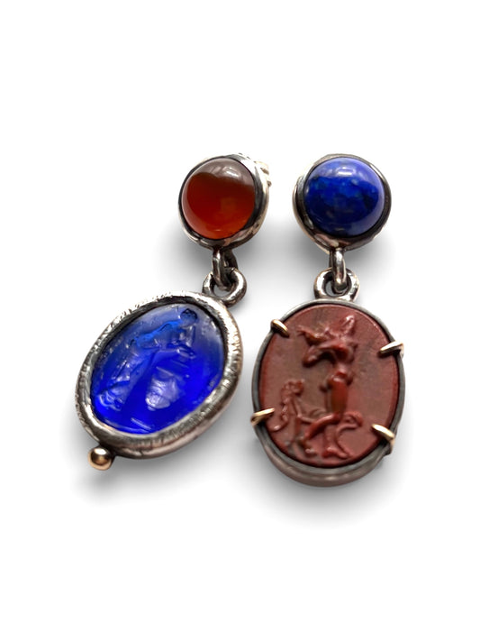 Mismatched Intaglio Silver Earrings with Gold Accents