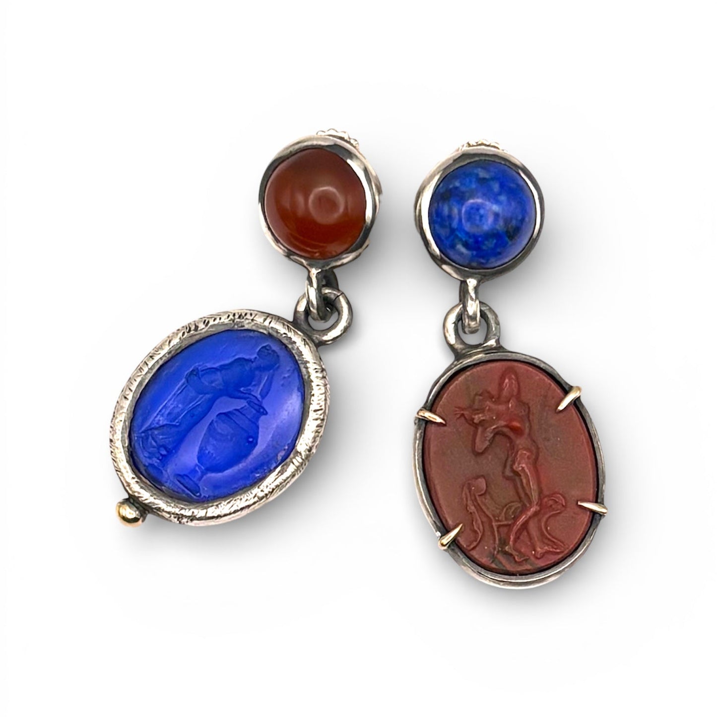 Detail view of Mismatched Intaglio Silver Earrings with Gold Accents — Intentionally mismatched earrings feature two antique
