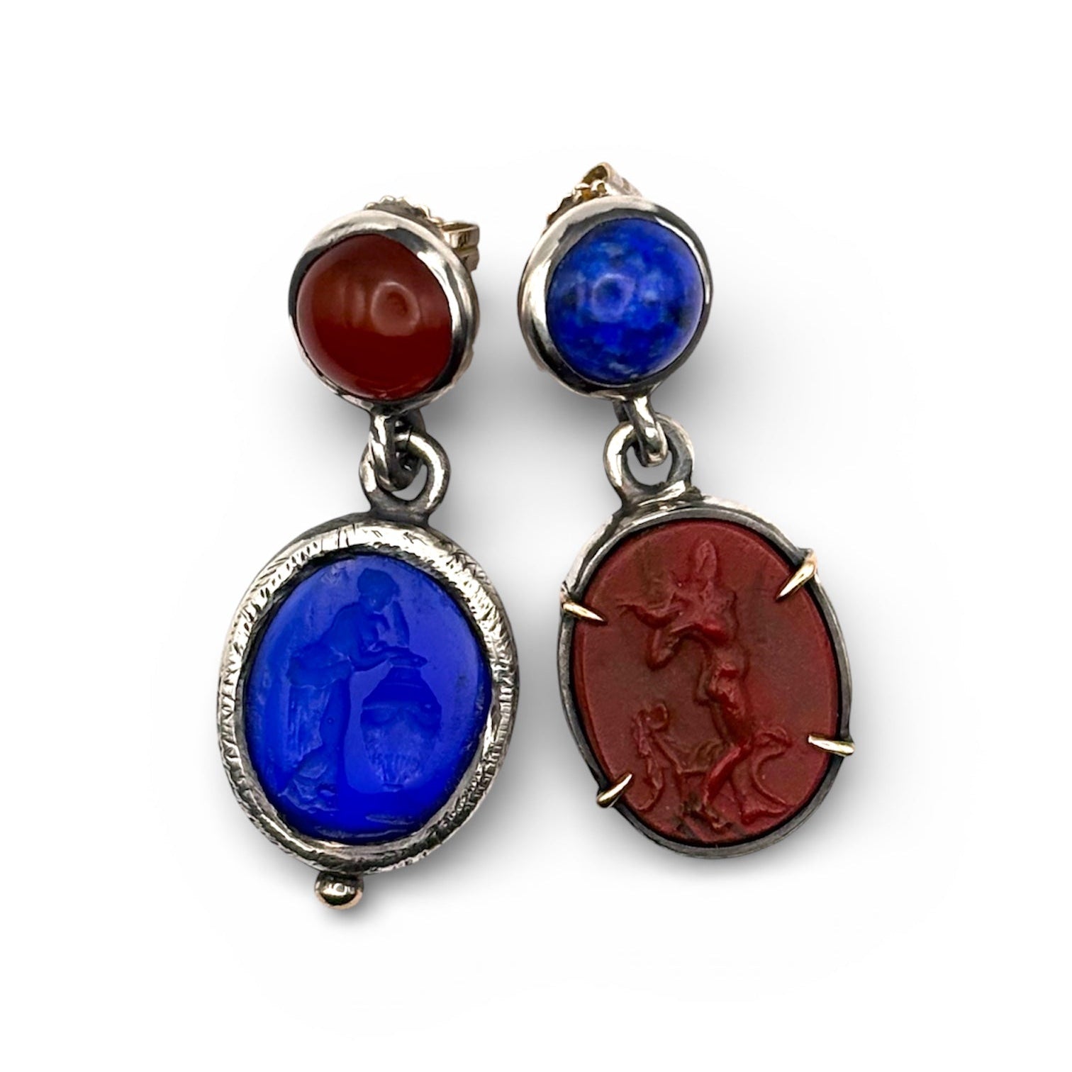 Alternate view of Mismatched Intaglio Silver Earrings with Gold Accents — Intentionally mismatched earrings feature two