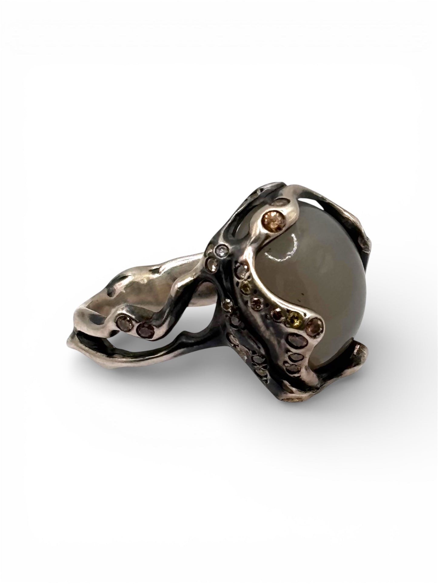 Moonstone & Brown Diamonds Silver Ring