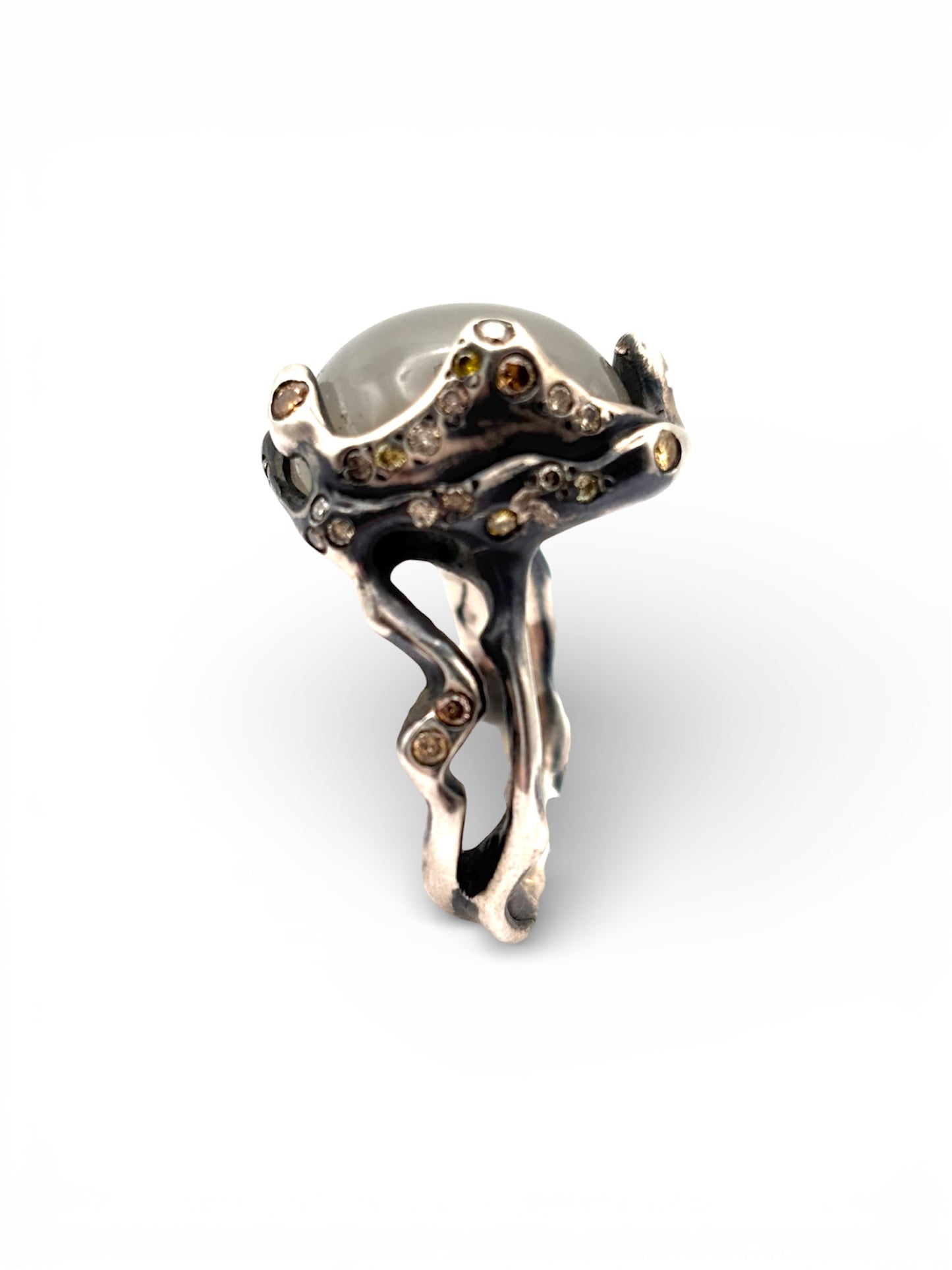 Moonstone & Brown Diamonds Silver Ring