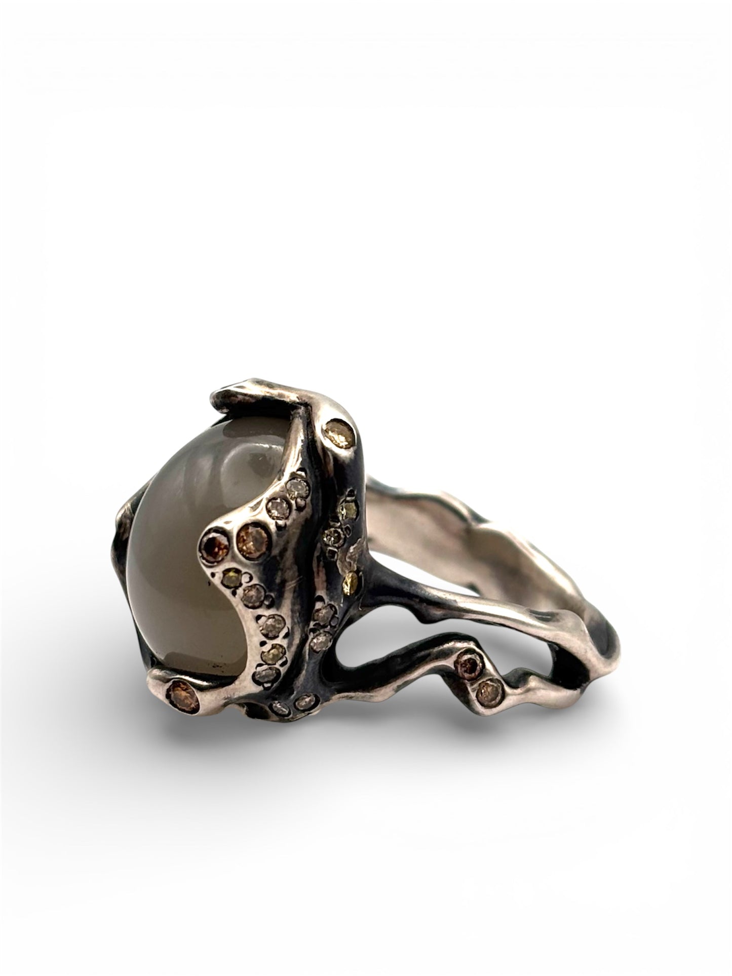 Moonstone & Brown Diamonds Silver Ring