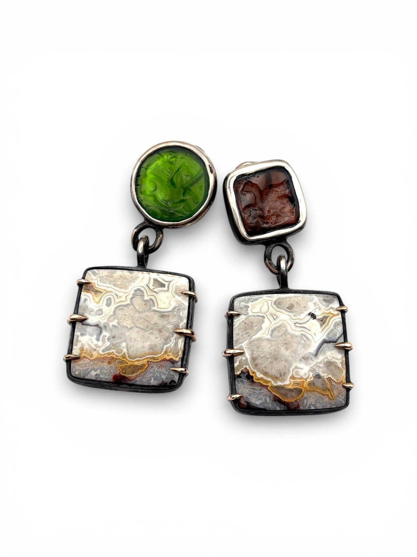 Mismatched Lace Agate & Glass Intaglios Silver Earrings with Gold Accents