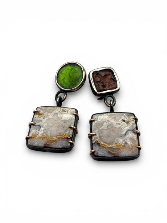 Mismatched Lace Agate & Glass Intaglios Silver Earrings with Gold Accents