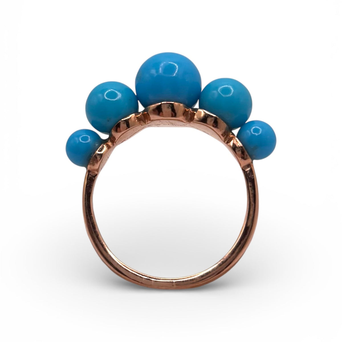 Alternate view of Turquoise Gum Ball Gold Ring — Sleeping Beauty Turquoise balls are arranged in 14k rose gold ring setting