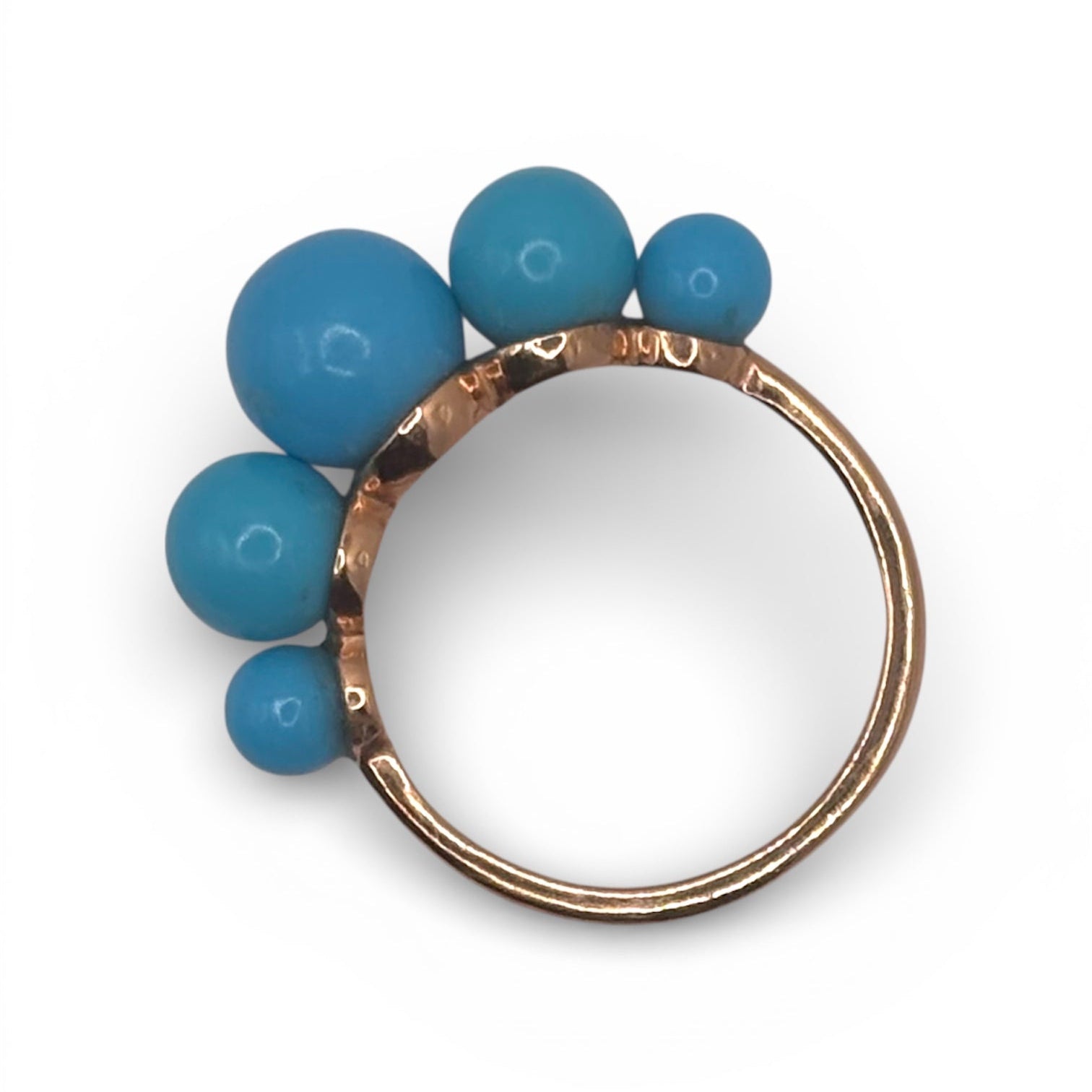 Another view of Turquoise Gum Ball Gold Ring — Sleeping Beauty Turquoise balls are arranged in 14k rose gold ring setting