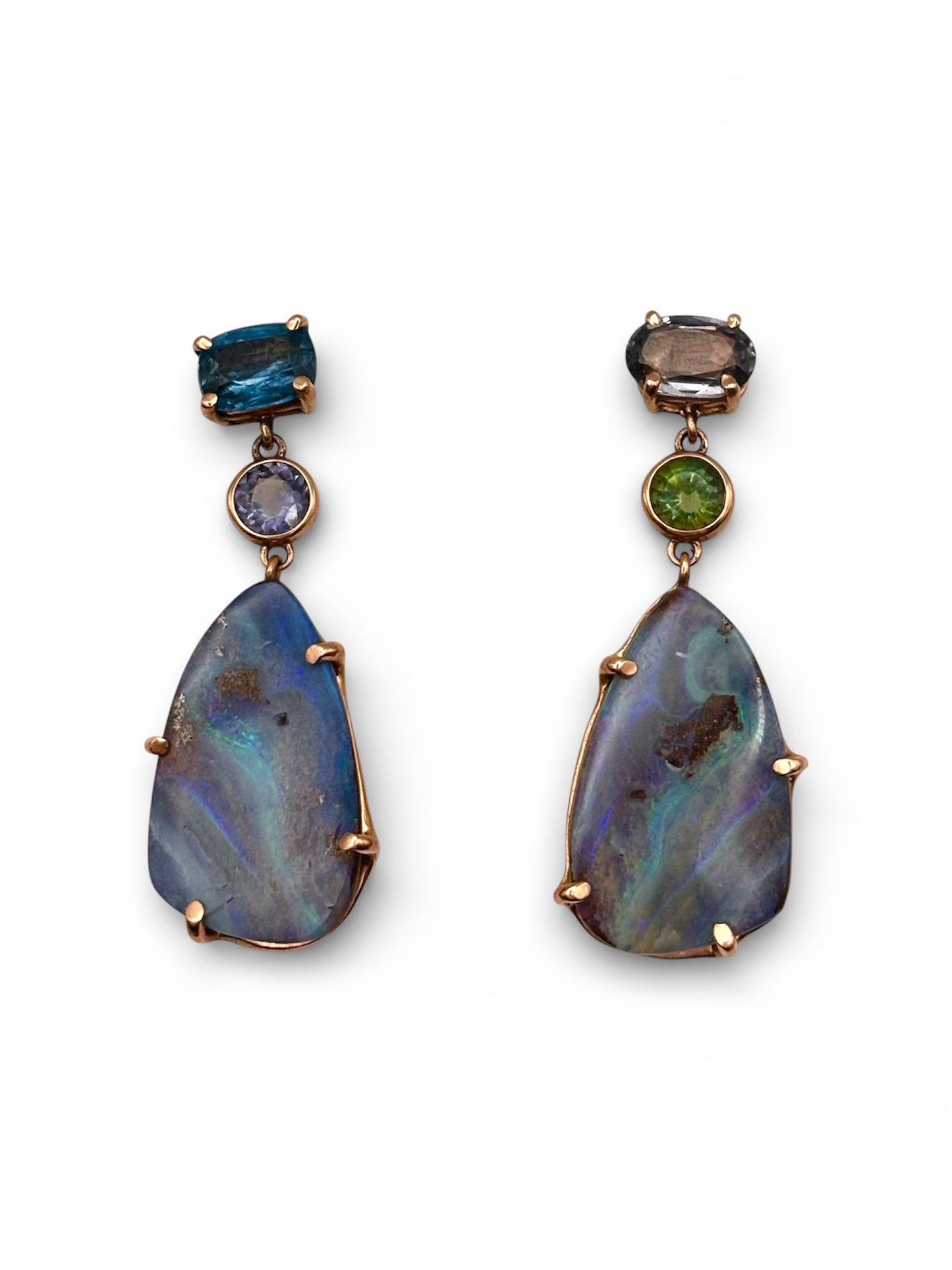 Boulder Opal & Sapphire Rose Gold Earrings