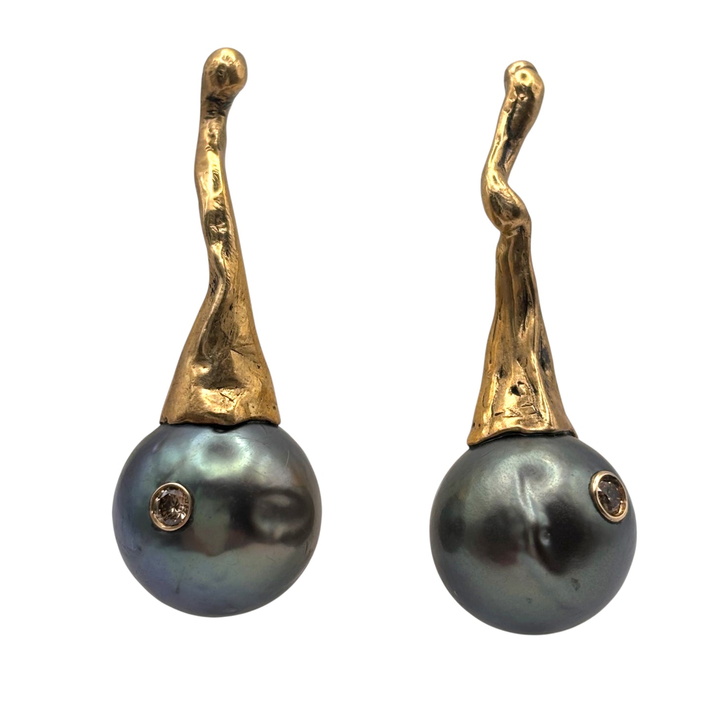 Tahitian Pearl Crumpled Earrings with Diamond Accents — Large 9 mm Tahitian pearls are set in hand-modeled mismatched