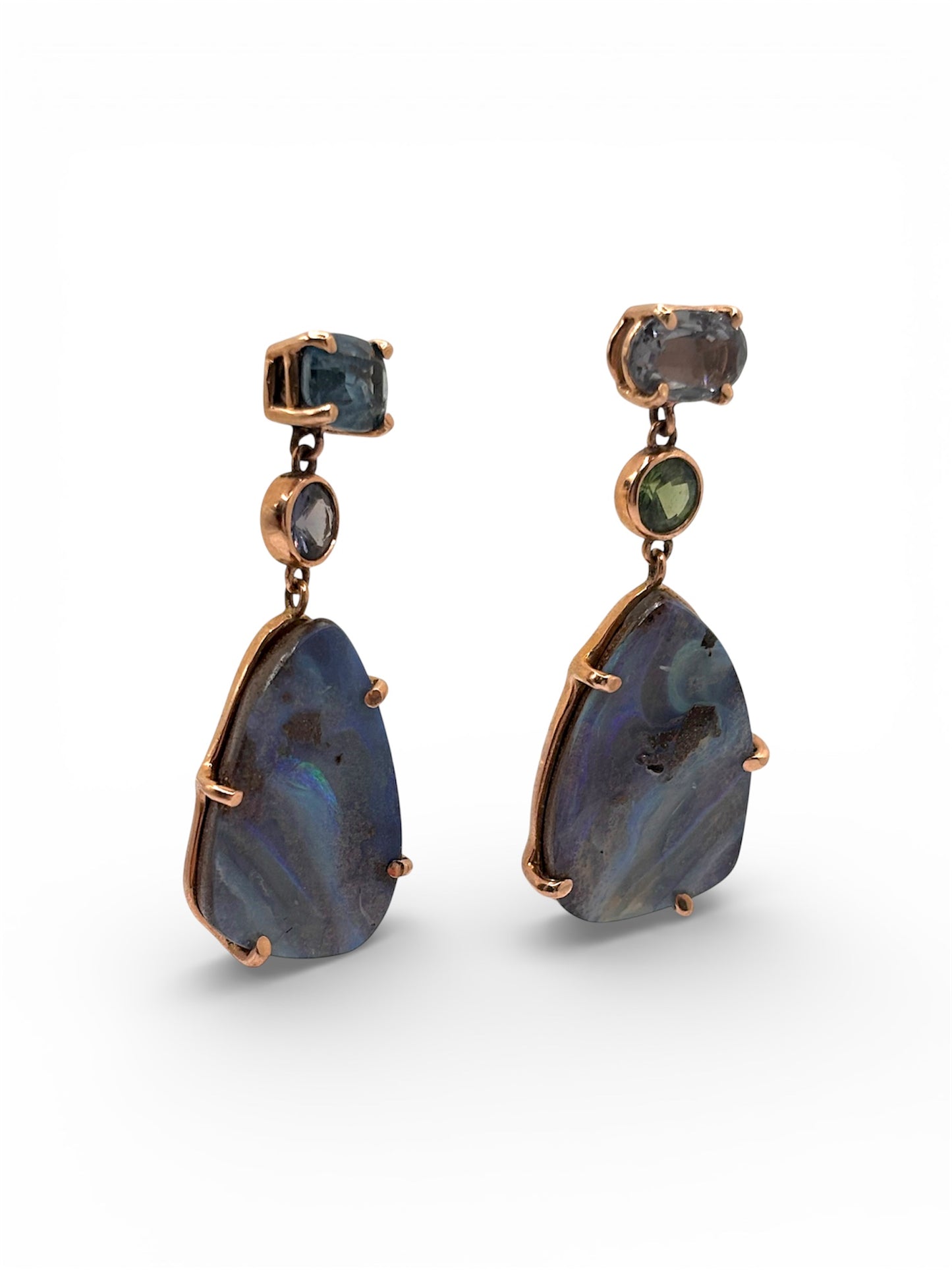 Boulder Opal & Sapphire Rose Gold Earrings