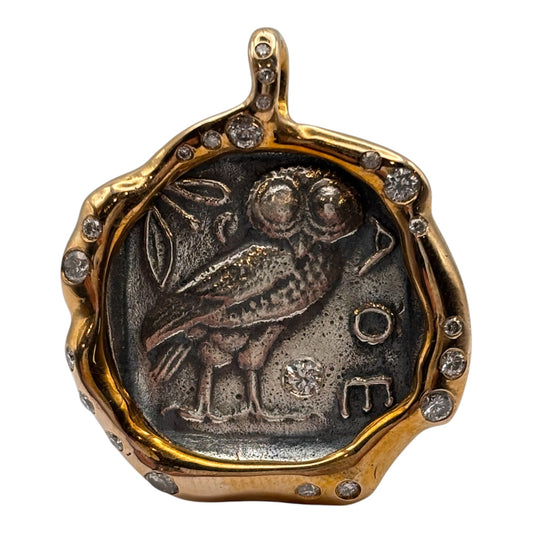 Silver Owl Coin Pendant in Bronze with Diamonds