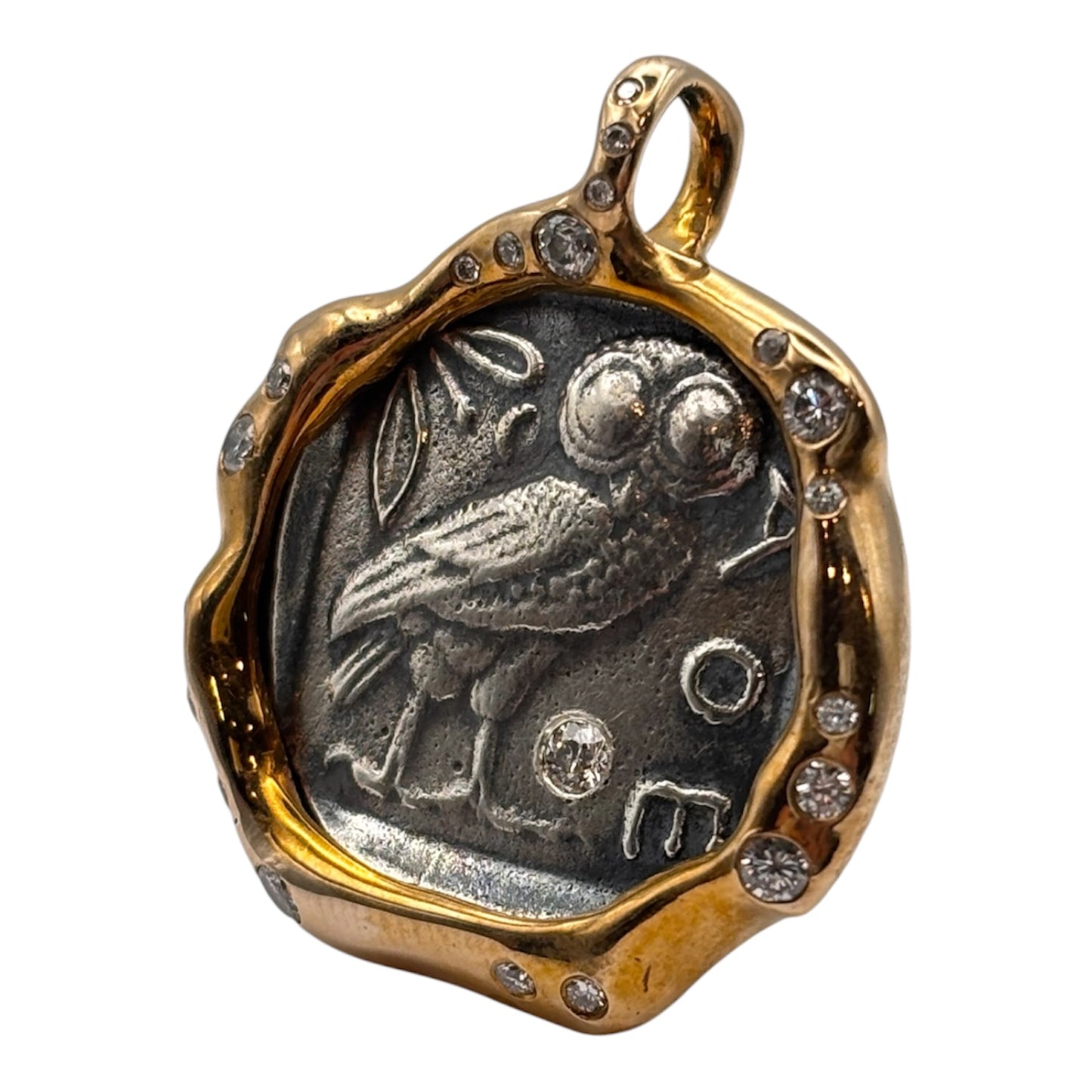 Silver Owl Coin Pendant in Bronze with Diamonds