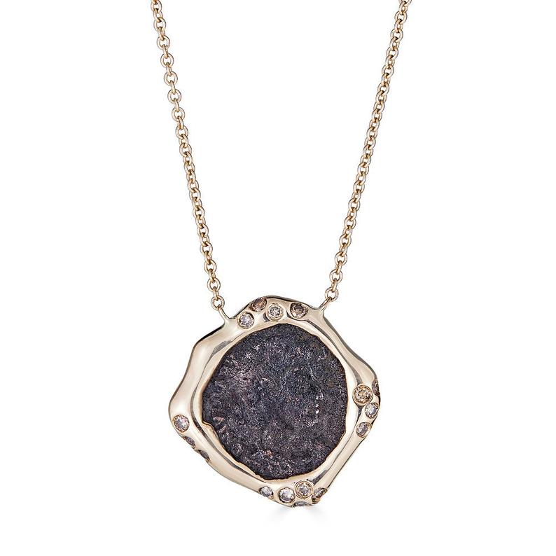 Ancient Greek Bronze "Rose" Coin Gold Necklace with Vivid Pink Sapphires