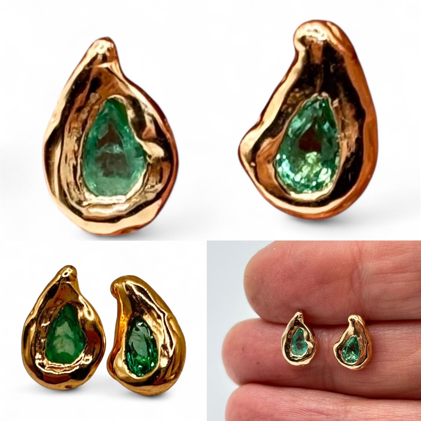 Emerald Teardrop Gold Studs