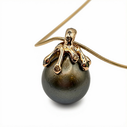 Tahitian Pearl Pendand with Brown Diamonds Accents in 14K Gold