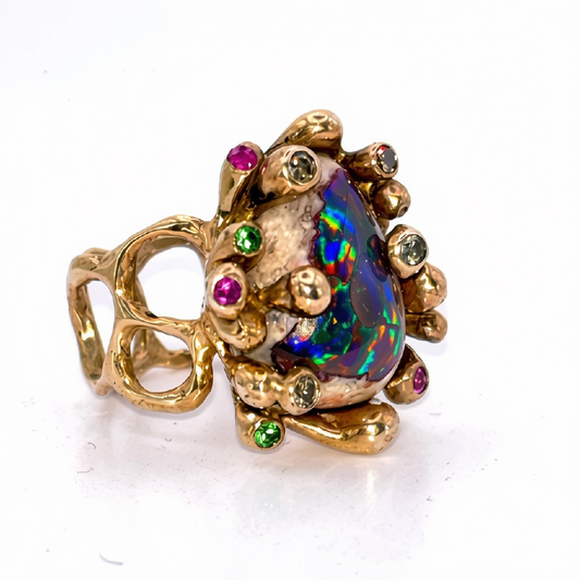 Mexican Galaxy Opal and Mixed Stones Bronze Ring — A vibrant Mexican Galaxy opal is set in solid cast bronze setting