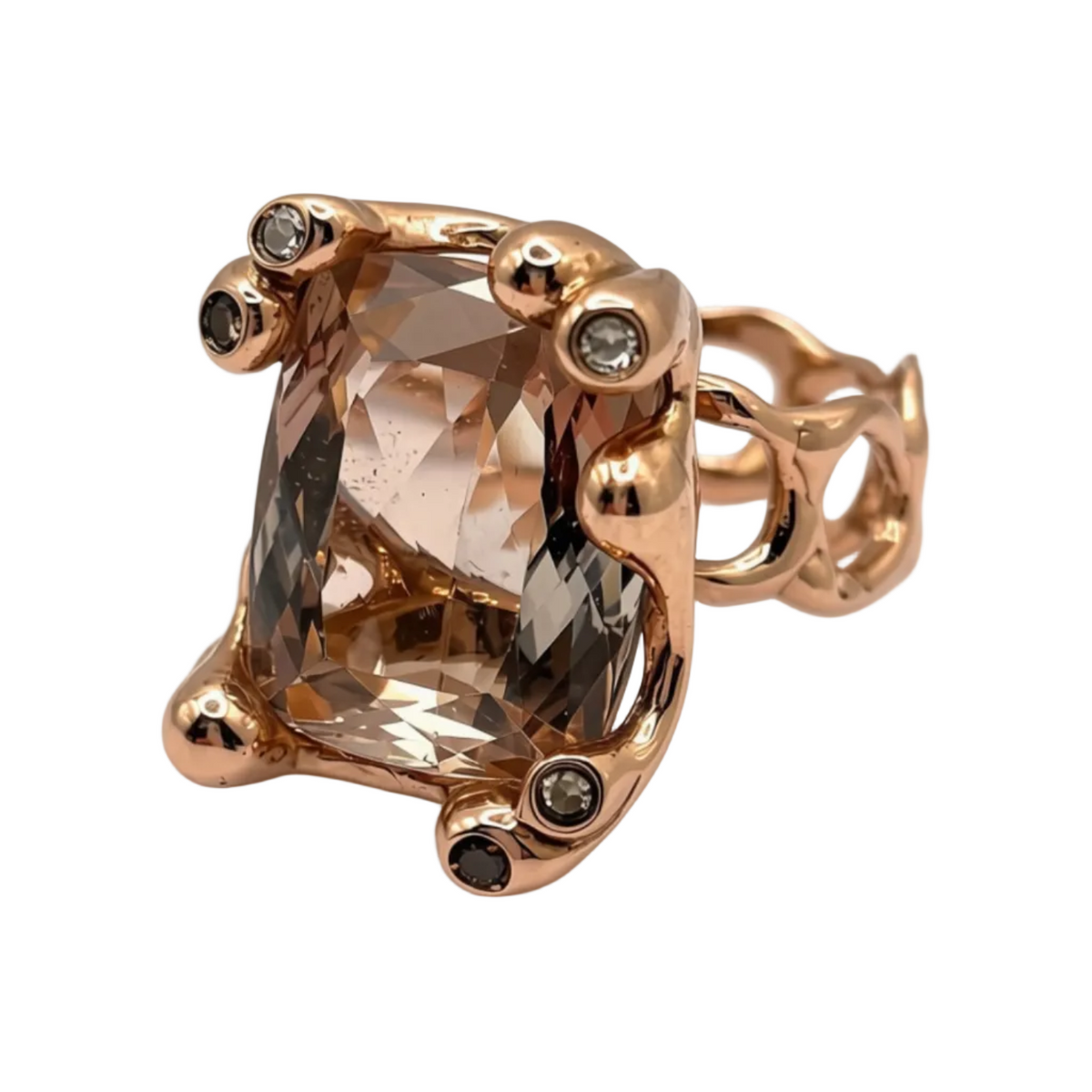 Detail view of Morganite and Brown Diamonds Rose Gold Cast Ring — Elongated Morganite cushion is set in solid cast 14K rose gold setting with accent brown and cognac diamonds