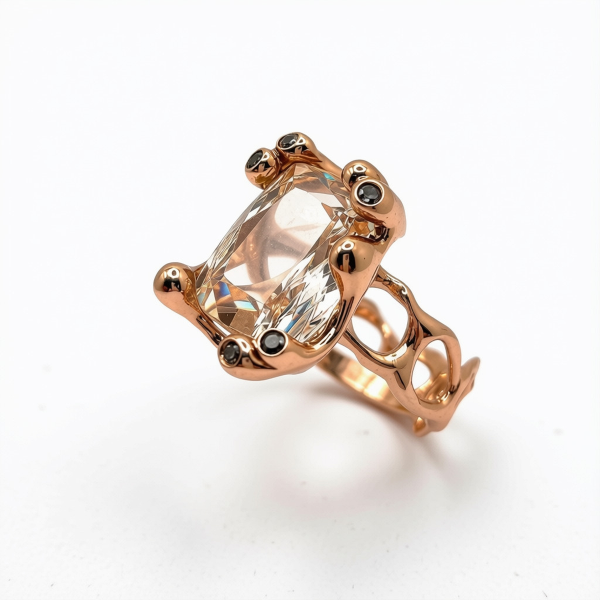 Another view of Morganite and Brown Diamonds Rose Gold Cast Ring — Elongated Morganite cushion is set in solid cast 14K rose gold setting with accent brown and cognac diamonds