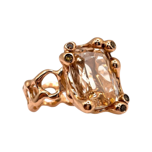 Morganite and Brown Diamonds Rose Gold Cast Ring — Elongated Morganite cushion is set in solid cast 14K rose gold setting with accent brown and cognac diamonds